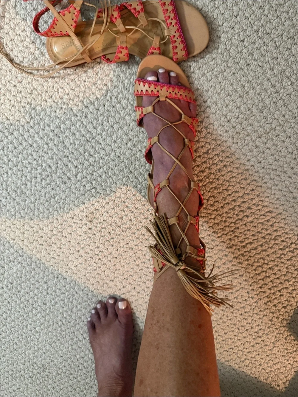 Shultz Tan Lace-Up Gladiator Sandals with Orange Accents - Picture 2 of 5